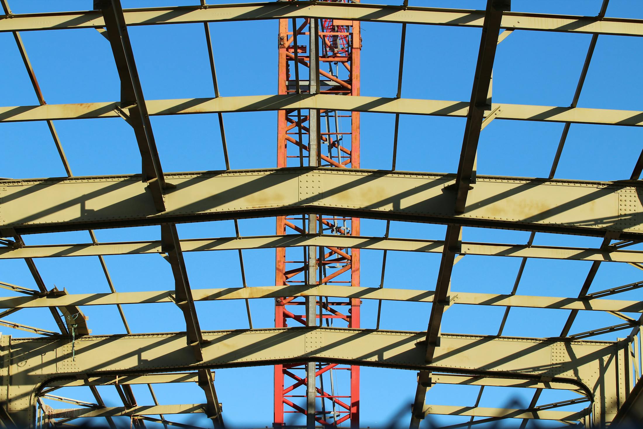 Completed structural steel frame of a commercial building